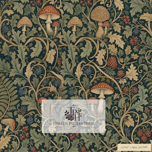 Estampado de setas de William Morris / Diseño de tela botánica estilo cottagecore en verde azulado oscuro / Papel pintado con estampado de bosque vintage