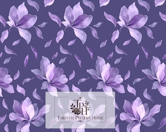 May include: A seamless digital pattern featuring light purple and lavender magnolia flowers with scattered petals on a dark purple background. A logo for Timeless Pattern House is centered, and a label reads 13 inches by 13 inches, 1 Jpeg, 300 DPI.