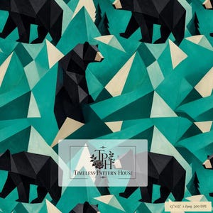 May include: A repeating digital pattern featuring geometric black bears set against a backdrop of teal and cream-coloured triangular mountain shapes. A rectangular overlay displays the text Timeless Pattern House with a floral icon and 13x13 1 Jpeg 300 DPI.
