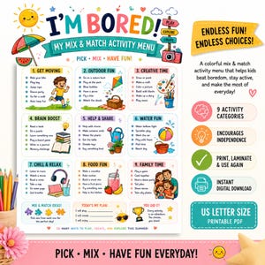 I'm Bored Activity Menu Printable | Summer Activity Chart for Kids | Screen Free Activities | US Letter/A4 PDF | Instant Download Printable