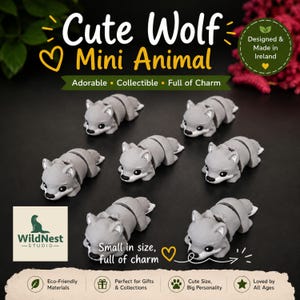 May include: Seven small gray wolf figurines arranged in a group. Each wolf has a rounded head, pointed ears, and a segmented body. The image includes text reading Cute Wolf Mini Animal, Designed & Made in Ireland, and Small in size, full of charm.