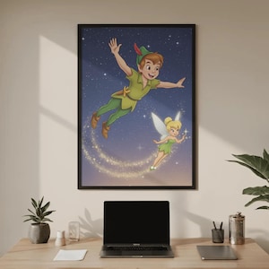 May include: A framed wall art print featuring a cartoon illustration of Peter Pan and Tinker Bell flying against a dark blue starry night sky. Peter Pan wears a green tunic and cap with a red feather, while Tinker Bell has translucent wings.
