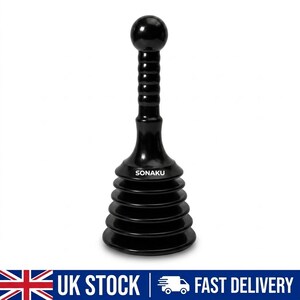 Peut inclure: Un déboucheur noir avec un sommet de poignée sphérique et un manche cylindrique nervuré. La base présente une série de cinq anneaux d'aspiration circulaires gradués. Le mot SONAKU est imprimé en lettres capitales blanches sur la base.