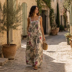 Floral Wide Leg Jumpsuit, Boho Overalls with Pockets, Sleeveless Square Neck Romper