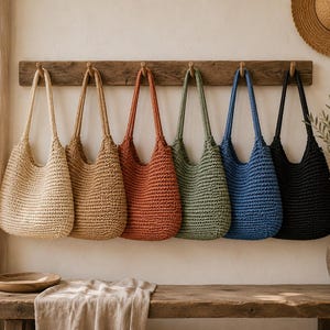 Borsa tote in paglia all'uncinetto stile Costa Azzurra, borsetta a tracolla intrecciata stile Saint Tropez, grande borsa da spiaggia estiva boho, borsa a mano in rafia da donna
