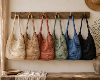 Bolso tote de paja de ganchillo de la Riviera francesa, bolso de hombro tejido de Saint Tropez, bolso de playa grande de estilo bohemio para verano, bolso de rafia para mujer.