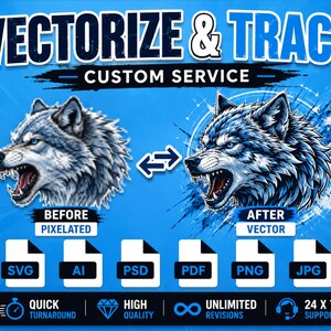 May include: A digital service graphic titled VECTORIZE & TRACE CUSTOM SERVICE. It shows a pixelated wolf head labelled BEFORE PIXELATED and a sharp vector wolf head labelled AFTER VECTOR, connected by an arrow. Icons for SVG, AI, PSD, PDF, PNG, and JPG are shown.