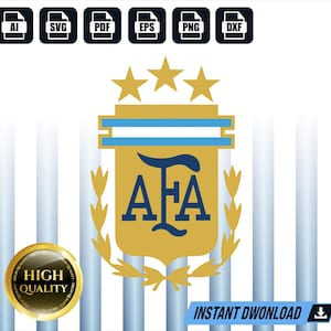 Puede incluir: Un gráfico digital del logotipo de la AFA que presenta un escudo dorado con las letras azul oscuro AFA, coronado con tres estrellas doradas. El emblema está enmarcado por ramas de laurel doradas e incluye una barra horizontal azul y blanca. Los formatos de archivo AI, SVG, PDF, EPS, PNG, DXF aparecen en la parte superior.