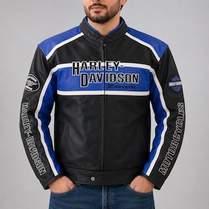 Harley Davidson blåsvart lädermotorcykeljacka | Herr biker racingstil