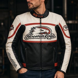 May include: A black, white, and red leather motorcycle jacket featuring the text H-D Racing on the collar, a Screamin' Eagle logo on the chest, and Harley-Davidson branding on the sleeves. The jacket has a perforated front panel and a full zipper.