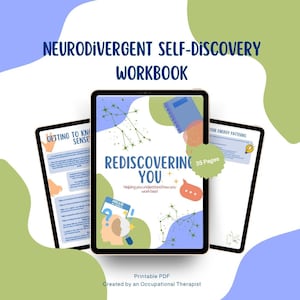 May include: A digital workbook titled Neurodivergent Self-Discovery Workbook and Rediscovering You, presented on three tablet screens. The pages feature blue, green, and orange abstract shapes, constellation graphics, and text. A badge indicates 35 pages.