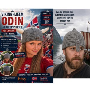 May include: A gray crocheted Viking helmet with two horns and a central nose guard. The image includes text in Norwegian such as VIKINGHJELM ODIN HEKLEOPPSKRIFT, which translates to Viking helmet Odin crochet pattern, and displays the hat on two different people.