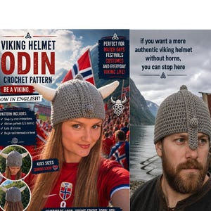 May include: A grey crochet Viking helmet with horns and a central ridge, shown in a pattern advertisement featuring text including Viking Helmet Odin Crochet Pattern, Be A Viking, and If you want a more authentic viking helmet without horns.