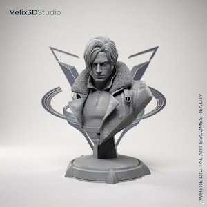 May include: A gray 3D printed bust of a male character with layered hair, wearing a jacket with a textured fur-lined collar and a zipper detail. The base is circular, and the text Velix3DStudio and WHERE DIGITAL ART BECOMES REALITY are visible.