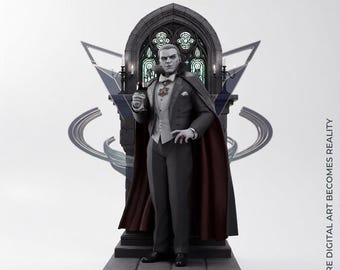 May include: A detailed figurine of a vampire in a formal black suit, white vest, and dark cape with a red lining, holding a glass of red liquid. The figure stands before a gray stone gothic archway with stained glass accents and candelabras.