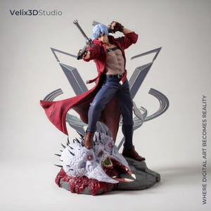 May include: A collectible figurine of a silver-haired character wearing a red coat, dark pants, and brown boots, holding a sword over the shoulder. The figure stands on a base shaped like a pale, spiky, monstrous head with red eyes and a bloody mouth.
