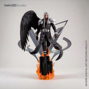 May include: A detailed figurine of a long-haired character with a single large black wing, wearing a black coat with silver accents and white shoulder armor. The figure stands on a black pillar base surrounded by orange flames. Text reads Velix3DStudio.