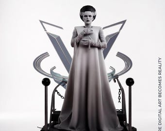 May include: A monochromatic figurine of the Bride of Frankenstein standing on a black base with two posts and chains. The figure wears a long gown and arm wraps. Text reads Velix3DStudio and WHERE DIGITAL ART BECOMES REALITY.