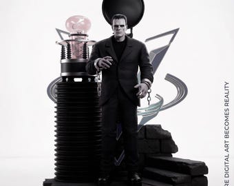 May include: A collectible figure of a creature in a black suit with metal shackles on its wrists, standing next to a tall black cylindrical tower topped with a glowing pink light bulb. Text reads Velix3DStudio and WHERE DIGITAL ART BECOMES REALITY.