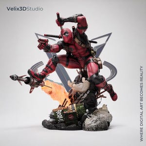 May include: A detailed action figure of a character in a red and black suit, leaping while holding a handgun and a sword. The figure stands on a base featuring a green ammunition crate with the text BOOM, a fiery explosion, and rocky debris.