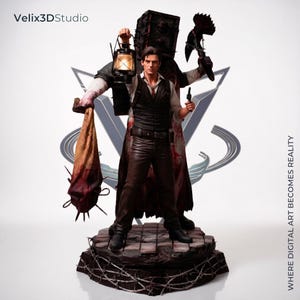 May include: A detailed collectible figurine featuring a man in a vest and trousers standing before a large, dark, box-headed entity. The man holds a lit lantern and a small handgun, while the entity holds a spiked weapon and a bloodied sack.