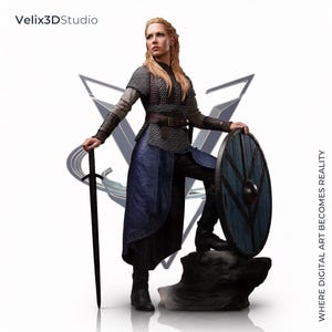 May include: A detailed figurine of a warrior with blonde hair, wearing a chainmail tunic over a grey long-sleeve shirt, a dark blue skirt, and black boots. The figure holds a long black sword and rests a foot on a blue round shield on a rock.