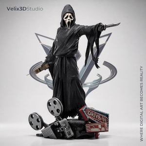 May include: A detailed figurine of a hooded figure wearing a white ghost mask, holding a knife in one hand and a vintage mobile phone in the other. The base features a film projector, film reels, and a sign reading DRIVE-IN and SCREAM.