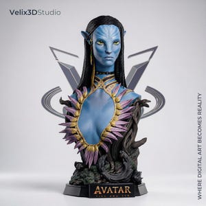 May include: A detailed bust of a blue-skinned Na'vi character from Avatar, featuring long black braided hair, yellow eyes, and a decorative collar made of purple and gold leaf-like elements. The base displays the text Avatar and Velix3DStudio.