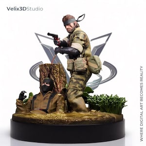May include: A detailed figurine set featuring a soldier in camouflage gear holding a black handgun, standing beside a tree stump. A second soldier in a black mask and brown uniform is partially submerged in the ground. Text reads Velix3DStudio.