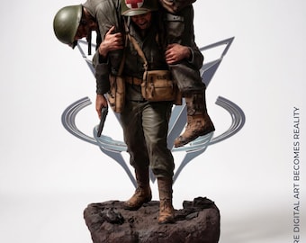 May include: A detailed figurine depicting a soldier in olive drab uniform carrying another soldier on their back. The medic wears a helmet with a red cross, carries a tan satchel marked U.S., and holds a pistol. The base is textured brown rock.