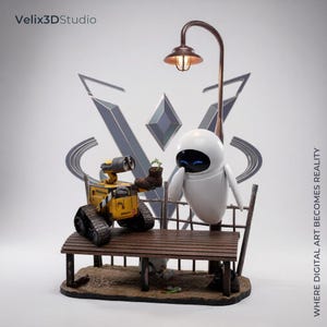 May include: A detailed diorama featuring the yellow robot Wall-E holding a brown boot with a small green plant, and the white robot Eve floating nearby. They are positioned on a wooden bench under a copper-colored street lamp.