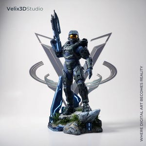 May include: A detailed Master Chief figurine in dark blue and grey armor with a gold visor, holding a rifle. The character stands on a rocky base with green foliage. Text reads Velix3DStudio and WHERE DIGITAL ART BECOMES REALITY.