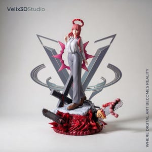 May include: A Makima anime character figurine with pink hair, a white button-down shirt, and gray trousers, standing on a base with red spikes, a black cross, and a chainsaw. Text reads Velix3DStudio and WHERE DIGITAL ART BECOMES REALITY.