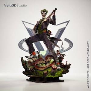 Può includere: Una statuetta dettagliata del Joker con abito viola, gilet verde e camicia bianca, che tiene un bastone. La base presenta una grande bocca sorridente, melma verde e una piccola figura. Testo: Velix3DStudio e WHERE DIGITAL ART BECOMES REALITY.
