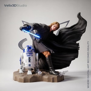 Op de afbeelding: Een gedetailleerd beeldje van een bruinharig personage in een donker gewaad met een gloeiend blauw lichtzwaard, naast een witte en blauwe cilindrische droid op een rotsachtige basis. Tekst: Velix3DStudio en WHERE DIGITAL ART BECOMES REALITY.