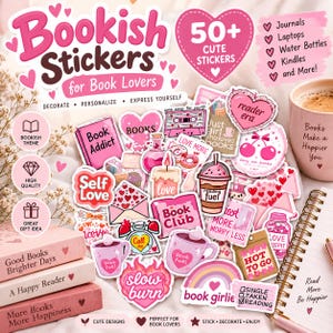 May include: A collection of over 50 pink and white stickers featuring book-themed illustrations, hearts, and text such as Book Addict, Book Club, and Reading Fuel. The stickers are displayed alongside three stacked books and a mug with text.