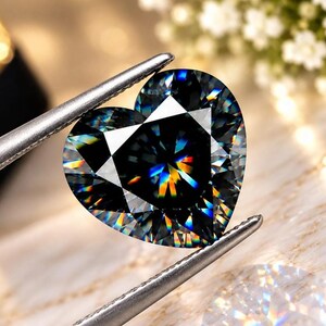 Può includere: Una pietra preziosa a forma di cuore con una superficie scura sfaccettata che mostra intensi riflessi di luce color arcobaleno. La pietra è tenuta da una pinzetta in metallo argentato, mostrando un taglio brillante con motivi geometrici nitidi.