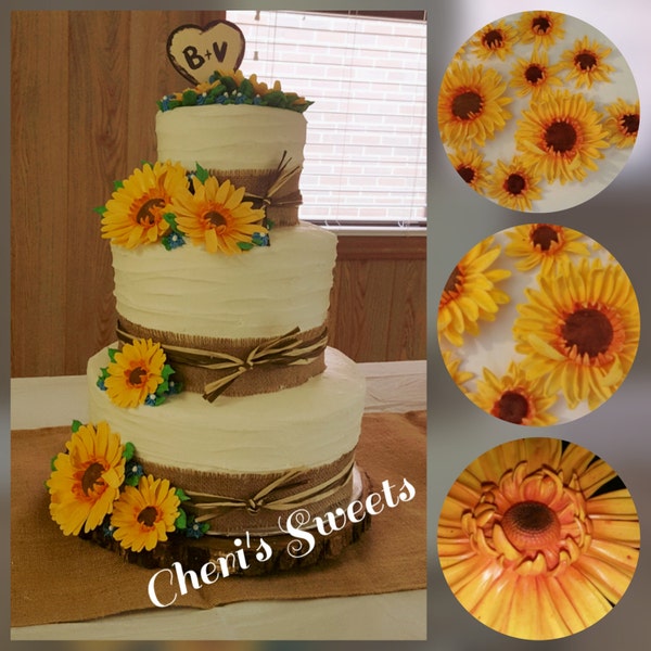 12 Edible SUNFLOWERS 2.5"-4.5" Various sizes- gum paste/fondant / sugar flowers / cake decorations or cupcake topper