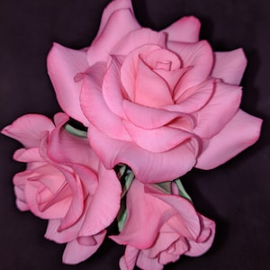 3 Edible veined HOT PINK ROSES and leaves /Gum paste/ Any color/sugar flower/wedding cake decoration /cake topper