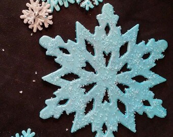 Frozen inspired edible cake decorations - Large 7 1/2" snowflake, 24 snowflakes