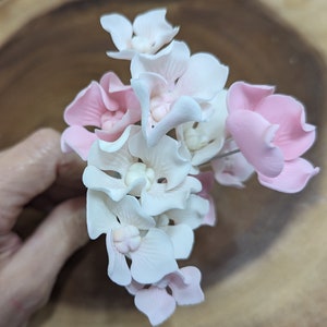 May include: A bouquet of pink and white hydrangea flowers made of fondant. The flowers are arranged in a hand.