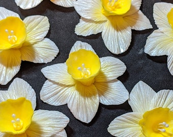 12 Edible daffodil / gum paste / fondant flowers / sugar flowers / cake or cupcake decorations / cake  topper