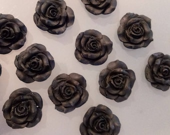 May include: Twelve black fabric roses with a slightly textured surface. The roses are arranged in a random pattern on a white background.