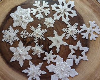 12 Edible VARIETY SPARKLY SNOWFLAKES sugar, gum paste/fondant...various layers cake or cupcake toppers