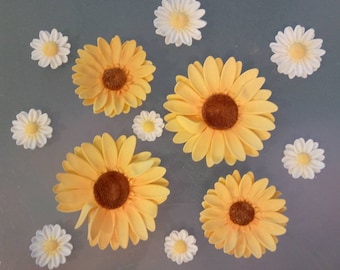 12 Edible SUNFLOWER and DAISY gum paste/fondant / sugar flowers / cake decorations or cupcake topper