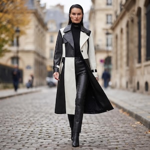 Black and White Colorblock Leather Trench Coat, Women's Long Patchwork Leather Coat, Belted Duster Coat, Runway Style Statement Jacket