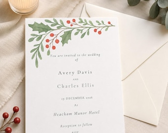 Personalised Winter Wedding Invitation, Christmas Holly and Berry Digital Invite