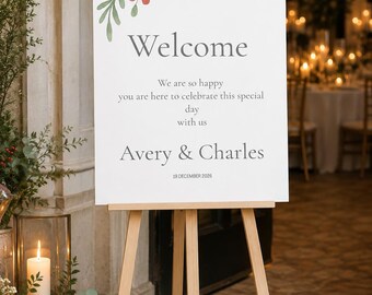 Personalised Winter Wedding Welcome Sign,  Christmas Holly and Berry Digital Invite
