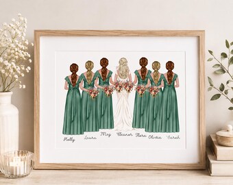 Personalised Bridesmaid Portrait Print, A4 Bridal Party Keepsake,  Maid of Honour Wedding Gift