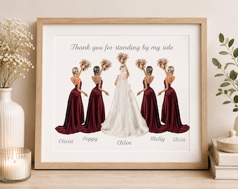 Personalised Bridal Party Portrait,  A4 Bridesmaid Keepsake Print, Maid of Honour Gift